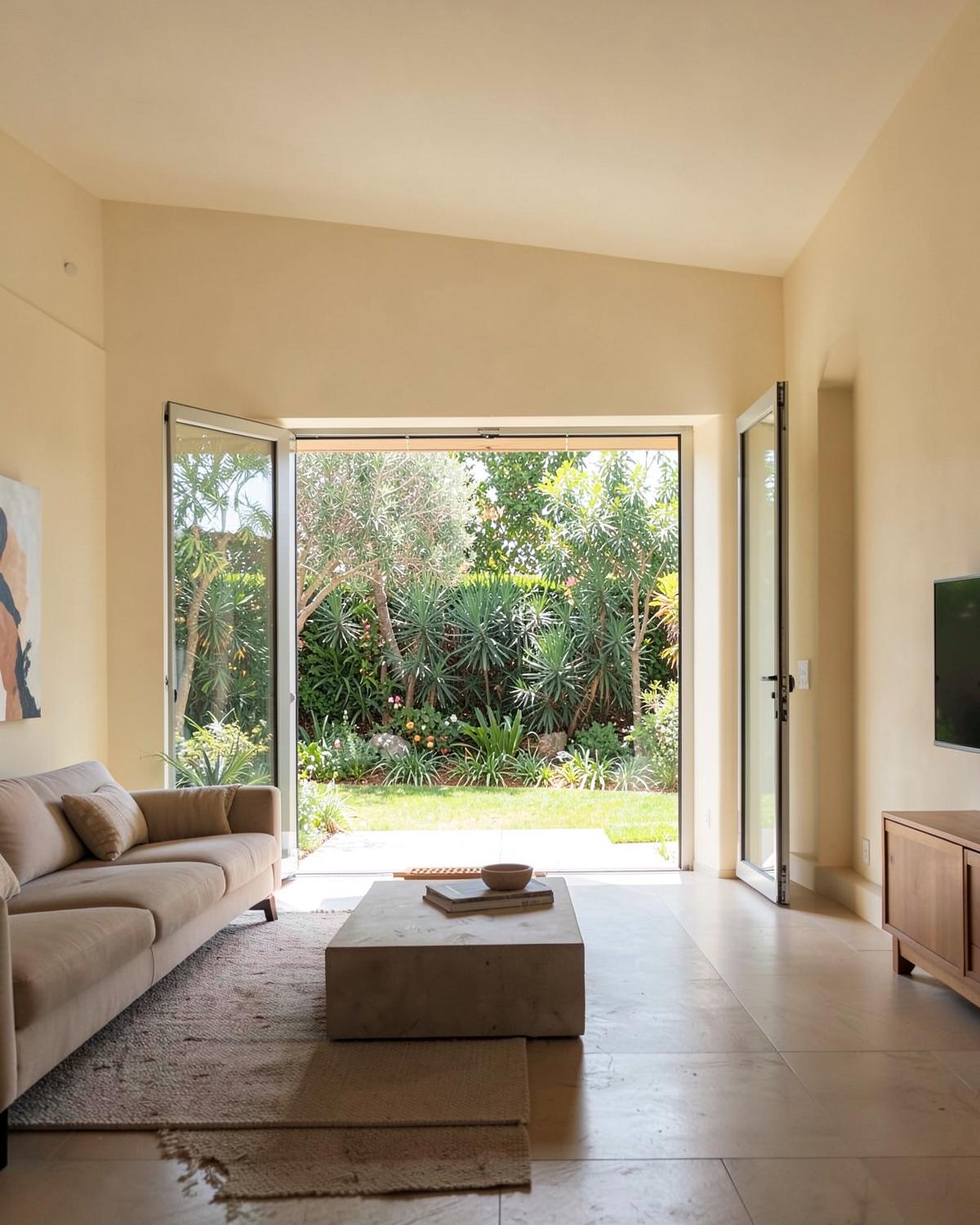 Sunlit living room opening onto a green garden.