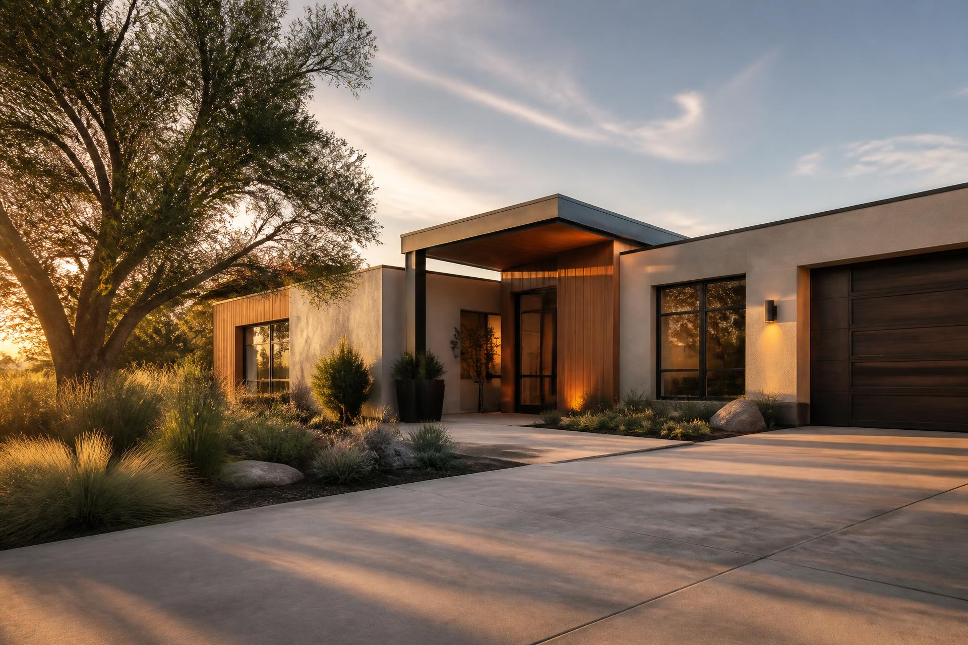 A contemporary Central Valley home at golden hour, with mature landscaping and a warm-lit entry.