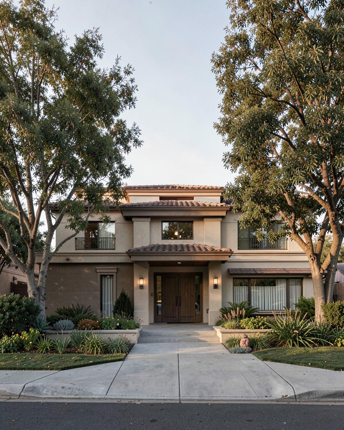 Front elevation of an established California home framed by mature trees.